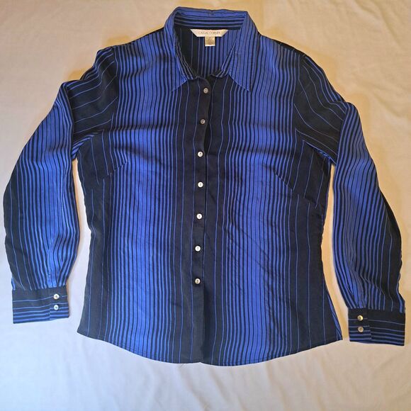 Casual Corner Tops - Casual Corner Vtg Women's 100% Silk Blue Black Striped Button-Down Shirt Size 14